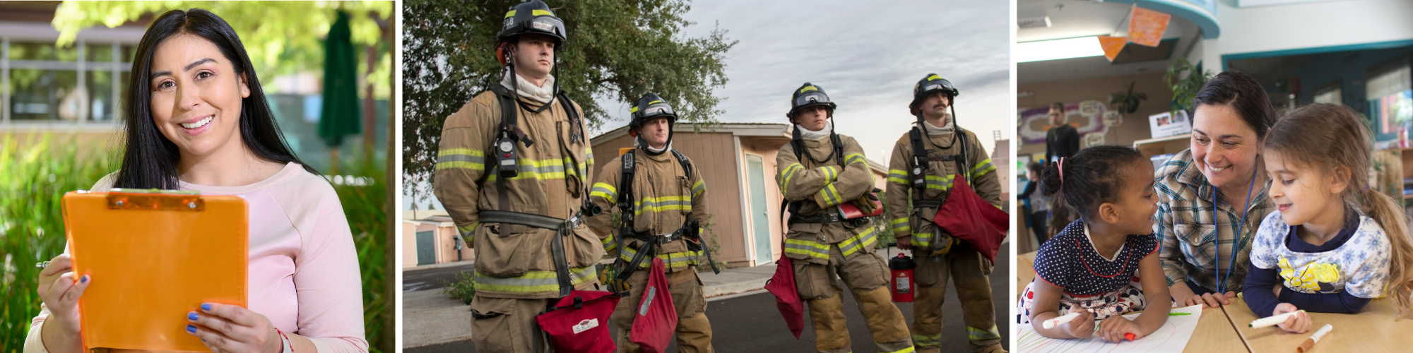 female holding an orange clipboard, four firefighters standing, preschool teacher with two students