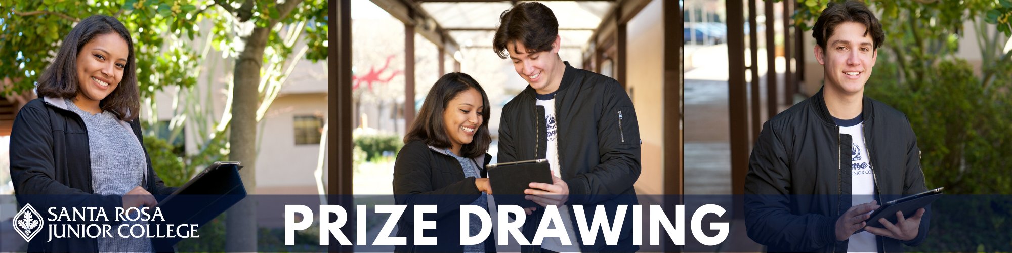 two students on tablet; srjc logo; prize drawing