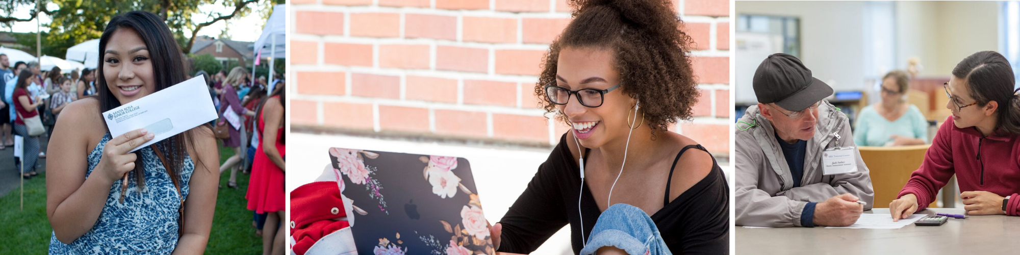 student holding scholarship check; student using laptop; student at the writing center