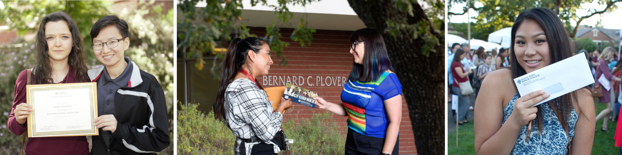 two students holding scholarship certificate; student with SRJC staff; student holding financial aid check